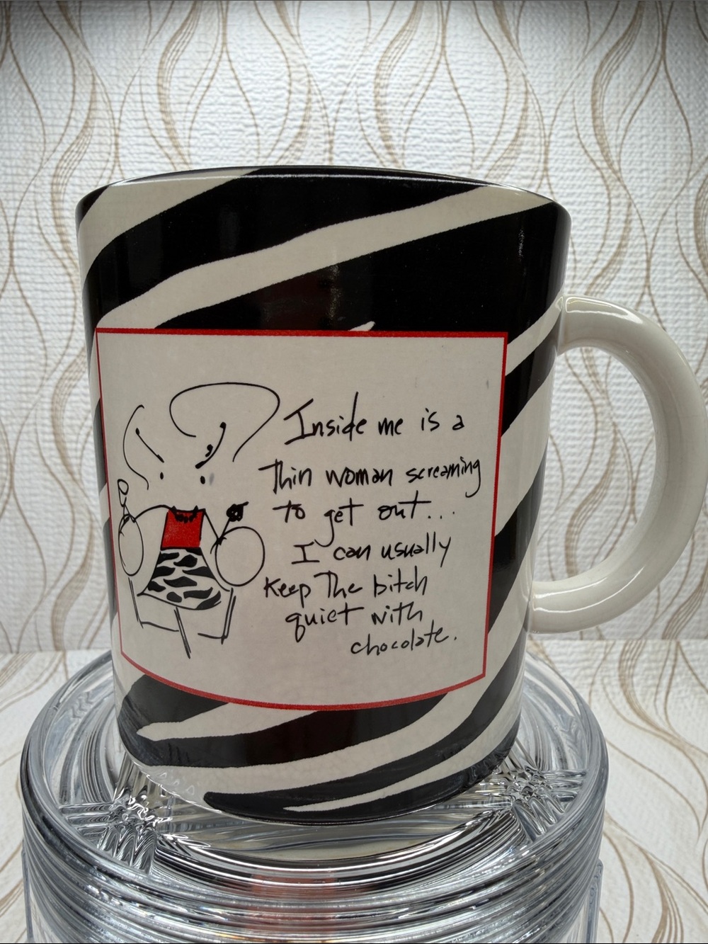 Zebra Stripe Ceramic Mug with Humorous Panel — Black & White